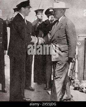 The meeting of King George VI of England and President Truman on board the British battle-cruiser HMS 'Renown', Plymouth, 2 August, 1945.  George VI, 1895 – 1952.  King of the United Kingdom.  Harry S. Truman, 1884 – 1972. 33rd president of the United States of America.  From The War in Pictures, Sixth Year. Stock Photo
