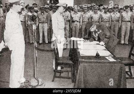 The signing of the Japanese surrender on board the American batleship 'Missouri' anchored in Tokyo Bay, 2 September, 1945. Seen here General MacArthur, extreme left, watches General Umezu sign.  Douglas MacArthur, 1880 – 1964. American military leader, General of the Army for the United States and field marshal to the Philippine Army. Yoshijirō Umezu, 1882 –  1949.  Japanese general in World War II and Chief of the Army General Staff.  From The War in Pictures, Sixth Year. Stock Photo