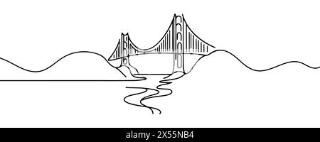 Giant bridge over river. Continuous one line drawing design. Simple modern minimaistic style vector illustration Stock Vector