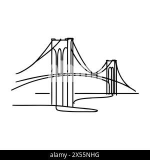 Giant bridge over river. Continuous one line drawing design. Simple modern minimaistic style vector illustration Stock Vector