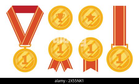 A set of gold medals with red ribbons for first place winners Stock Vector