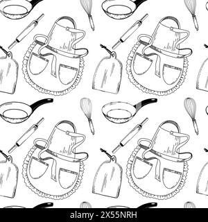Kitchen pattern. An apron, a frying pan with a black handle, a rolling pin for dough, a whisk for whipping, a cutting board. Objects are drawn Stock Vector