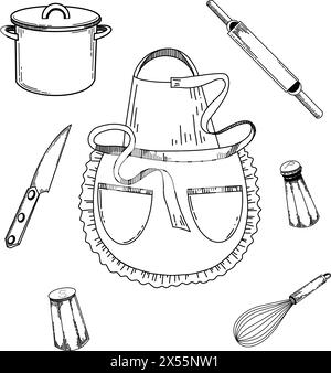 Illustration for the kitchen. Cooking apron, knife, rolling pin for dough, salt and pepper shaker, whisk for whipping. Objects are drawn in black Stock Vector