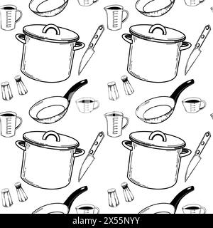 Seamless pattern with kitchen utensils. A saucepan, a frying pan with a black handle, salt and pepper shakers, a kitchen knife. Stock Vector