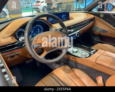 Shanghai, China, Detail, Luxury Chinese Electric Cars on Display in New Car Showroom, Genesis Model 'G-80', interior, dashboard, the evolution of cars Stock Photo