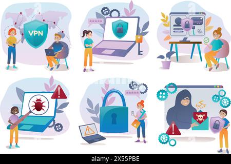 Cybersecurity set. Strength password, virtual private network, personal data protection. Vector illustration in cartoon style. Stock Vector