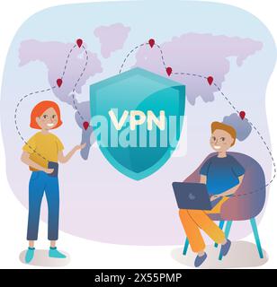 Virtual private network and cybersecurity concept. People using VPN for computer, smartphone with VPN sign. Users protecting personal data with VPN se Stock Vector