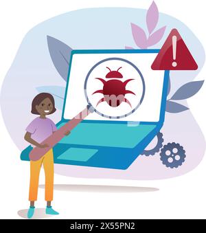 Personal data security concept. Detecting bugs and errors by magnifier. Software for spam protection, antivirus. Vector isolated concept metaphor illu Stock Vector