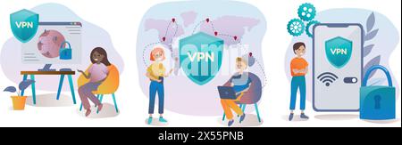 Virtual private network and cybersecurity set. People using VPN for computer, smartphone with VPN sign. Users protecting personal data with VPN servic Stock Vector