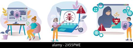 Cyber security set. Concept of personal data protection, antivirus, data stealing malware. Set of illustrations in cartoon style. Vector illustration Stock Vector