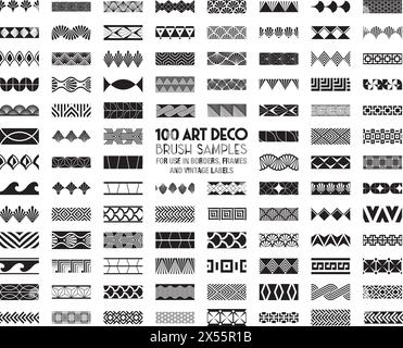 100 Art Deco pattern brush samples for borders, frames and vintage labels. Stock Vector