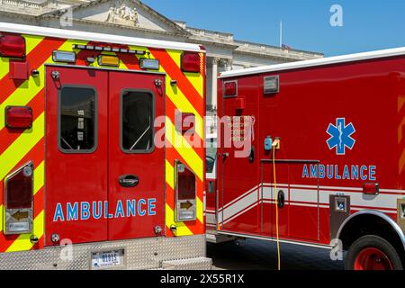 Washington DC, USA -  2 May 2024: Emergency ambulances parked outside the Capitol Building Stock Photo