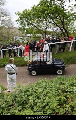 Fiat 500 driving up Test Hill at Italian Car Day at Brooklands, 4th May 2024, Brooklands Museum, Weybridge, Surrey, England, UK Stock Photo