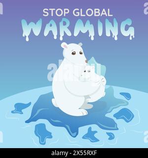 Stop global warming banner. Vector flat illustration. Polar bears on a glacier. Global warming concept Stock Vector