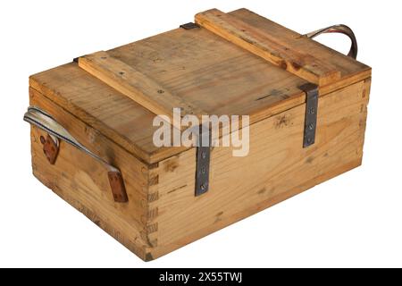 Army ammunition wooden crate with Spanish black color text - 1000 cartridges 7.62x51 Stock Photo