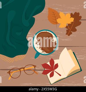 Green blanket, leaves, book, glasses and coffee on wood table. Picture in autumn style for poster, card or flyer. Hand drawn vector illustration. Stock Vector