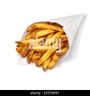 Traditional paper bag with fresh baked French peel potato fries isolated  on white background close up Stock Photo