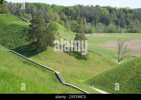 Kernave, Lithuania - May 05, 24: Kernave Unesco World Heritage site hills Stock Photo