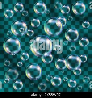 Transparent and multicolored soap bubbles over turquoise. Easy to put over any background. Stock Vector