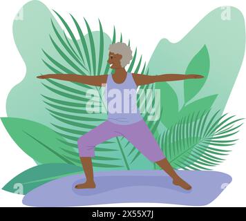Senior woman doing yoga. Old lady makes morning yoga or breathing exercises. Isolated vector illustration. Mental health concept Stock Vector