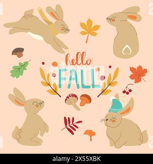 Fall bunny trendy set. Set of cute rabbits or hares in hat and scarf. Hello fall comcept. Different leaves, mushrooms and berries. Flat cartoon colorf Stock Vector