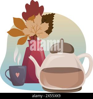 Autumn Tea time. Kettle and cup with tea, autumnal leaves. Delicious tea-party for breakfast isolated on gradient background for tea party, menu, shop Stock Vector