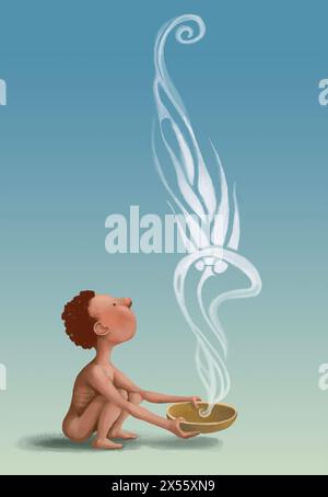 child crouched with a plate in his hand looks up at a wisp of smoke that forms an ear of corn concept of famine and drying up of the earth Stock Photo