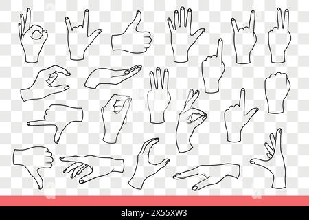 Various gestures are made with hands of woman signaling using arms. Set of gestures thumbs up and down or ok symbol and numbers with count of fingers when gesturing. Hand drawn doodle Stock Vector