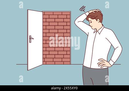 Business man is at dead end, looking for way to solve situation, standing near door blocked with bricks. Dead end as metaphor for obstacle on path to success, and problem of overcoming obstacles Stock Vector