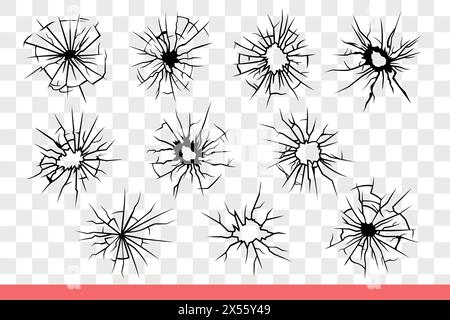 Bullet holes in broken glass with cracks radiating on sides after firing pistol. Broken window surface with damage caused by shooting from machine gun for attempted murder. Hand drawn doodle Stock Vector