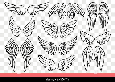 Wings of angels and birds with long feathers for flight on melting distance. Set of elegant pairs of wings of different shapes for design of fashionable clothing or accessories. Hand drawn doodle Stock Vector
