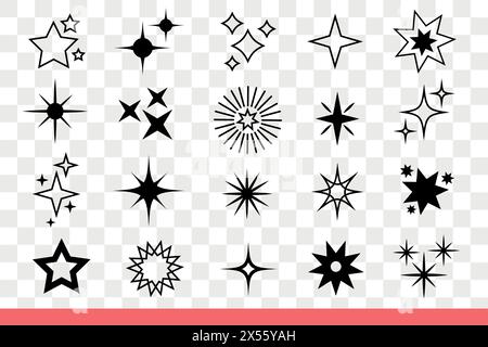 Stars and sparkles of different shapes glowing in night sky or reflecting from light bulb. Collection of magical glitter sparkles with rays spreading bright light around. Hand drawn doodle Stock Vector