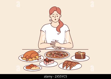 Problem of overeating in woman sitting at table with fast food, and in need of balanced diet. Girl feels heaviness in stomach due to regular overeating, which causes deterioration of immune system. Stock Vector