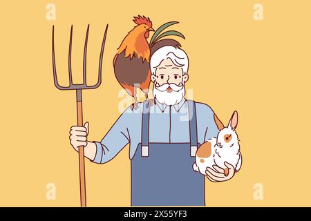 Elderly man farmer engaged in agriculture and livestock raising holds rake and rabbit with rooster. Happy grandfather farmer rejoices at having own farm and possibility of country life Stock Vector