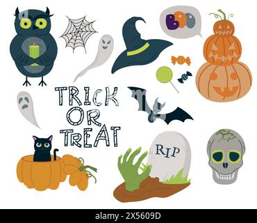 Set of Halloween elements. Vector set of autumn elements with web, hat, bat, pumpkins, ghosts, cat, zombie, skull, owl and sweets. Trick or Treats let Stock Vector