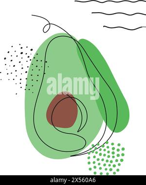 Continuous one line drawing avocado. Black line art on white background with colorful spots and elements. Poster in minimalism concept. Vector Stock Vector