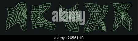 Retro neon green grid with 3D square shapes and glitch pattern. Flat vector illustration isolated on white background. Stock Vector