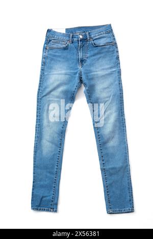 Fashionable denim blue jeans isolated on white background. Beautiful casual trousers. Stylish jeans pants on white background. High quality photo Stock Photo