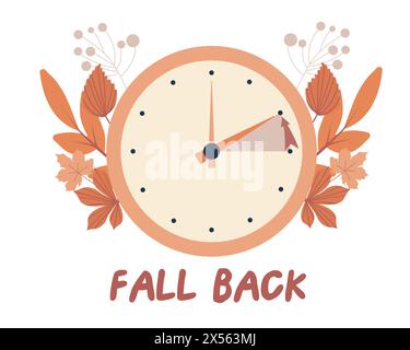 Fall back concept in flat style, change clock back one hour, Daylight Saving Time Ends web reminder banner. Clocks with arrow hand turning back an hou Stock Vector