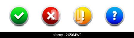 Set of tick, cross, exclamation point, and question mark signs in color 3d design. Realistic Right And Wrong 3D buttons. Check marks - cross sign and Stock Vector