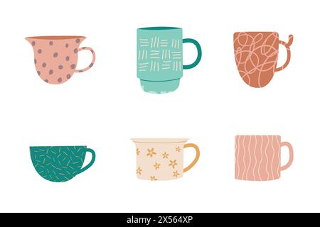 Set of cups and mugs isolated on white background in flat style. Vector illustration for cards, banners, posters, web and decorative design. Stock Vector