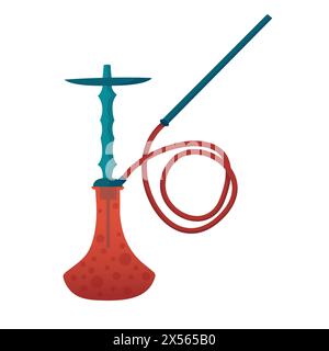 Hookah vector isolated illustration. Cartoon blue hookah calabash with long pipe and red glass bowl for water to smoke, traditional accessory for smok Stock Vector