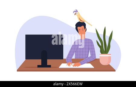 Man working at computer, male character sitting at table with parrot on head vector illustration Stock Vector