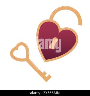 Red heart shaped padlock and golden key. Valentines Day, romantic love object, wedding symbol. Happy holiday celebration, romantic wedding design real Stock Vector