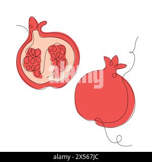 Pomegranate in continuous line art drawing style. Half pomegranate and whole pomegranate minimalist black linear sketch with colored spots isolated on Stock Vector
