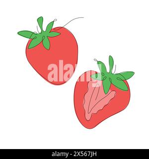 Strawberries in continuous line art drawing style. Berries minimalist black linear sketch with colored spots isolated on white background. Vector illu Stock Vector