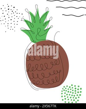 Continuous one line drawing pineapple. Vector illustration. Black line art on white background with colorful spots and elements. Poster in minimalism Stock Vector