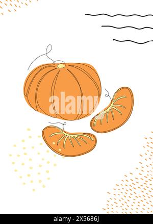 Continuous one line drawing tangerine. Vector illustration. Black line art on white background with colorful spots and elements. Poster in minimalism Stock Vector