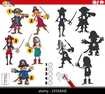 Cartoon illustration of finding the right shadows to the pictures educational activity with pirates characters Stock Vector