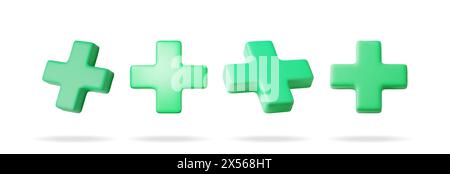 3D set of green cross sign isolated on white Stock Vector